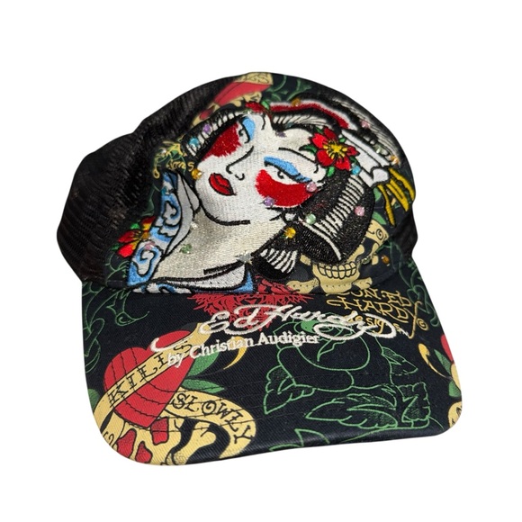 Ed Hardy Christina Aguilera Vibrant Graphic Trucker adjustable baseball Cap Hat - Picture 2 of 10